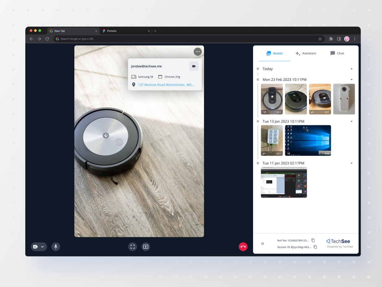 TechSee Live in a browser: the customer's live video of a robot vacuum on the left with their device and location details, and the assets panel on the right holding photos captured across previous sessions by date